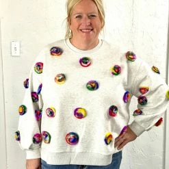 Turquoise Door Tomball GREY POM POM SWEATSHIRT