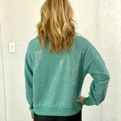 Turquoise Door Tomball Tops MINT RHINESTONE 1/2 ZIP SWEATSHIRT