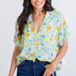 Turquoise Door Tomball What's New LIME FLORAL V-NECK TOP