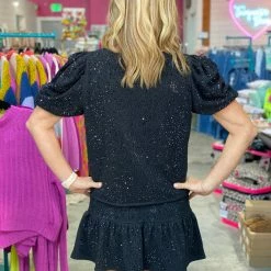 Turquoise Door Tomball BLACK RHINESTONE POOF SLEEVE TOP