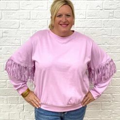 Turquoise Door Tomball STUD FRINGE SWEATSHIRT-LAVENDER Clothing