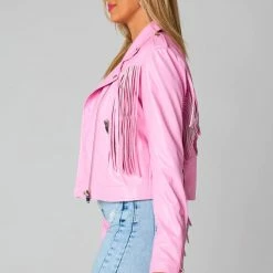 Turquoise Door Tomball FRANCESCA PINK FRINGE VEGAN LEATHER JACKET What's New