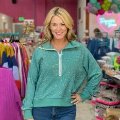 Turquoise Door Tomball Tops MINT RHINESTONE 1/2 ZIP SWEATSHIRT