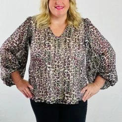 Turquoise Door Tomball SHIMMERING LEOPARD PRINT TOP-PLUS