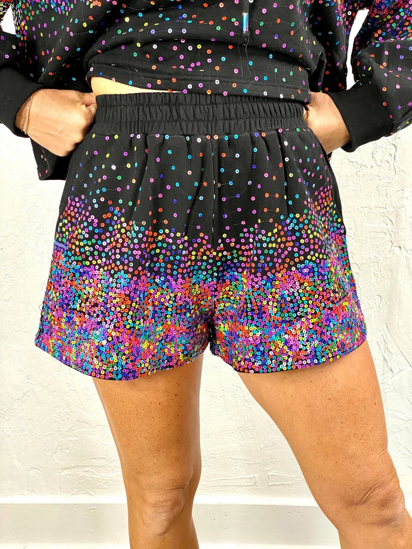 Best Sale 🛒 Turquoise Door Tomball BLACK & RAINBOW SEQUIN SCATTERED SHORT Bottoms ⌛ 3 Turquoise Door Tomball BLACK & RAINBOW SEQUIN SCATTERED SHORT Bottoms